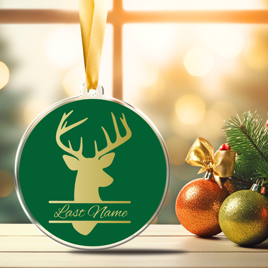 Personalized 3-inch acrylic Christmas tree ornament with a black deer silhouette and the custom last name in white font.