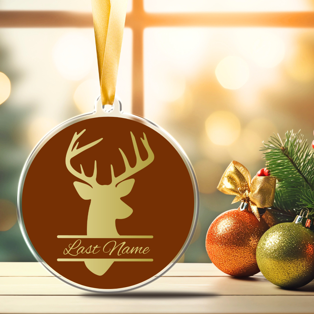 Personalized 3-inch acrylic Christmas tree ornament with a black deer silhouette and the custom last name in white font.