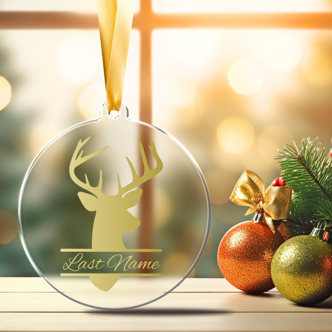 Personalized 3-inch acrylic Christmas tree ornament with a black deer silhouette and the custom last name in white font.