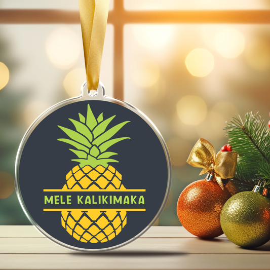 Personalized 3-inch acrylic Christmas ornament with a pineapple design split to show the custom last name in the middle.