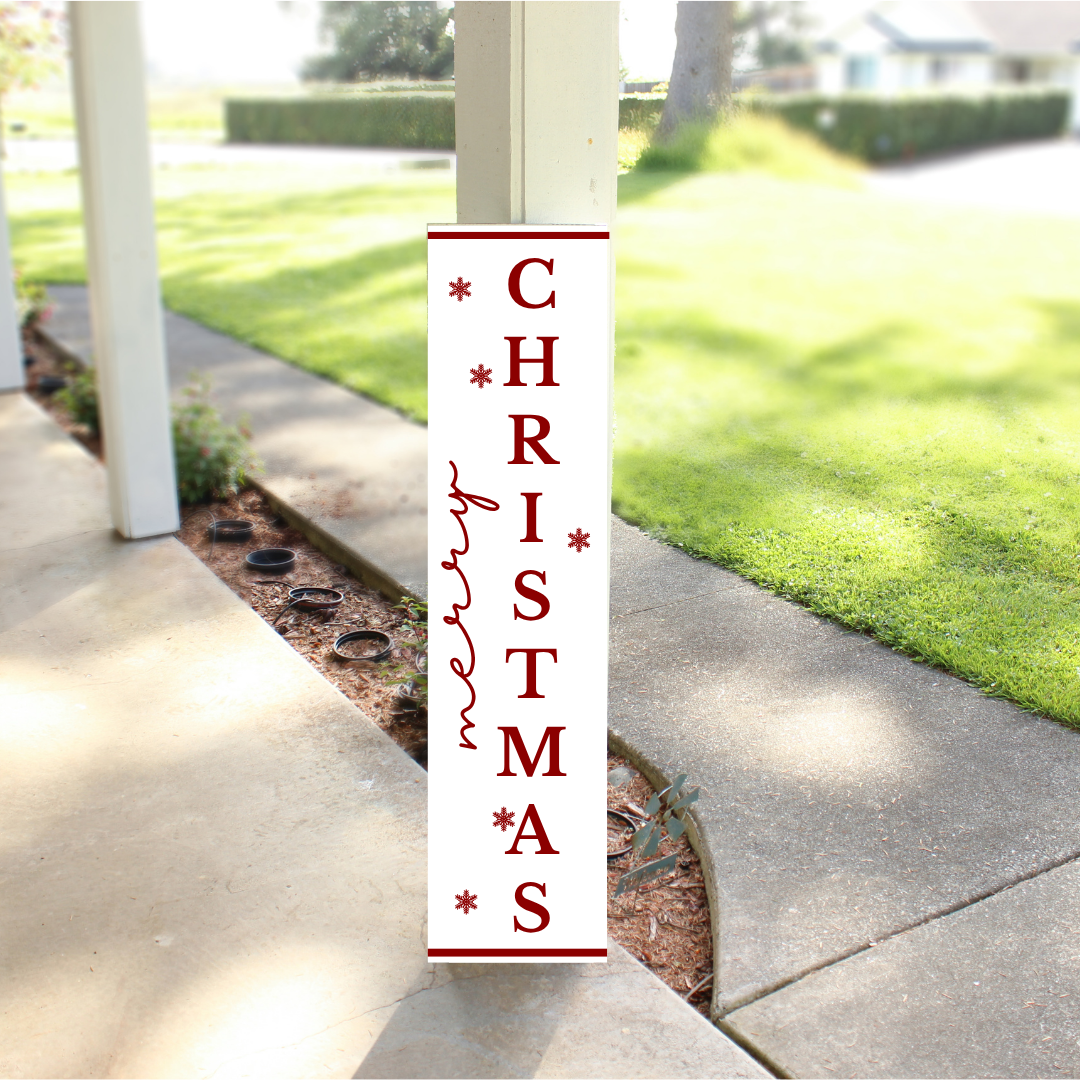 Christmas porch sign in white finish styled as entryway decor, large personalized wood holiday sign for front porch