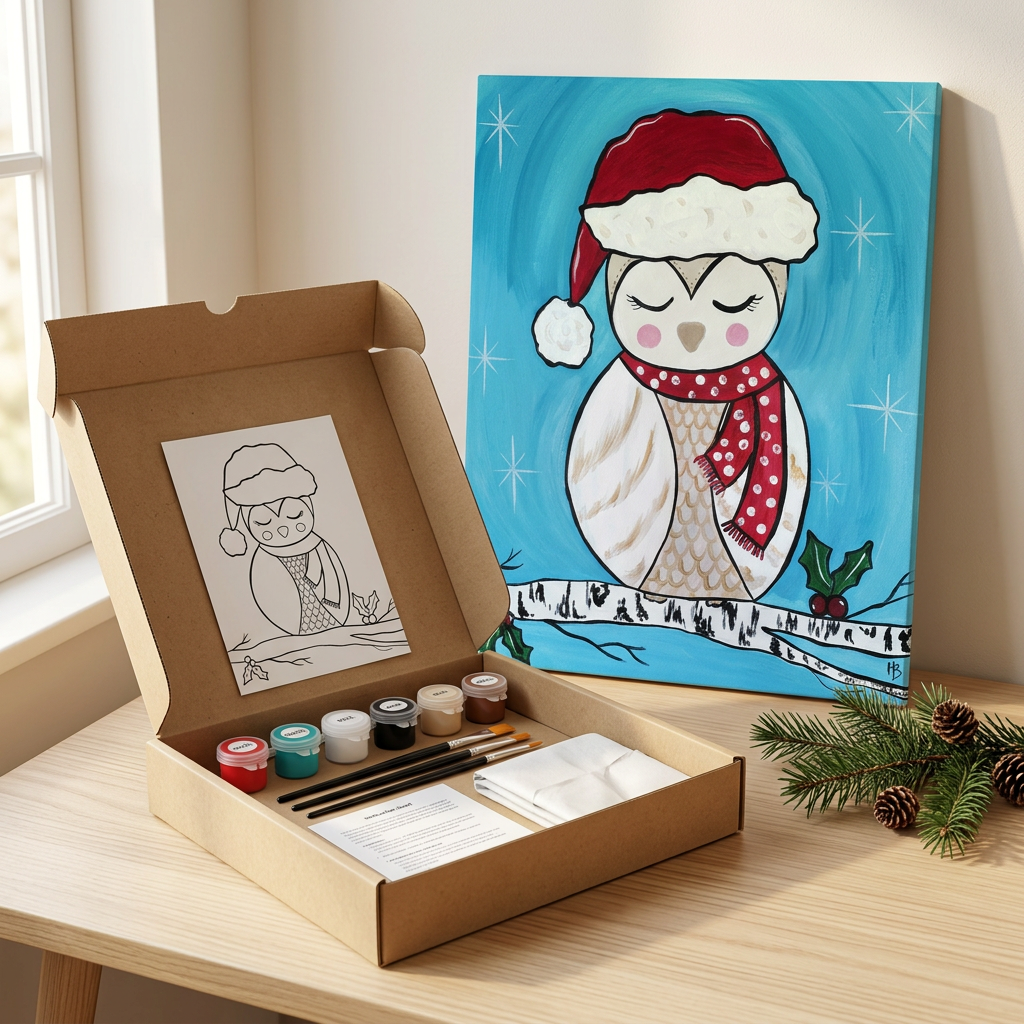 Santa owl Christmas season paint kit with finished canvas, outline sheet, paints, brushes and an empty white palette in an open kraft box.