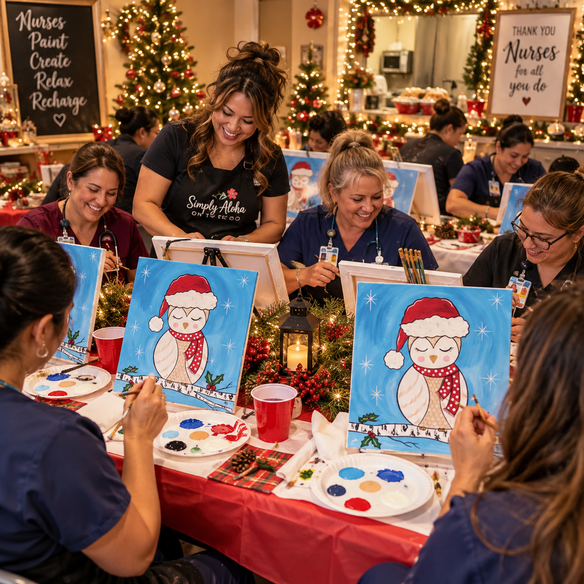 Four nurses painting Santa owl canvases at a workplace Christmas season paint kit party, with paint supplies and festive decorations