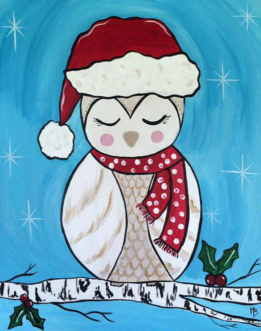 Christmas Season Paint Kit featuring a cute santa owl on a tree branch wearing a Santa hat with holly leaves and berries