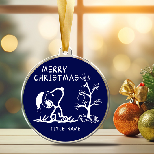 Personalized 3-inch acrylic Christmas ornament featuring Snoopy hugging his tree, with the custom name on it.