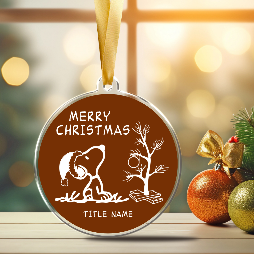 Personalized 3-inch acrylic Christmas ornament featuring Snoopy hugging his tree, with the custom name on it.