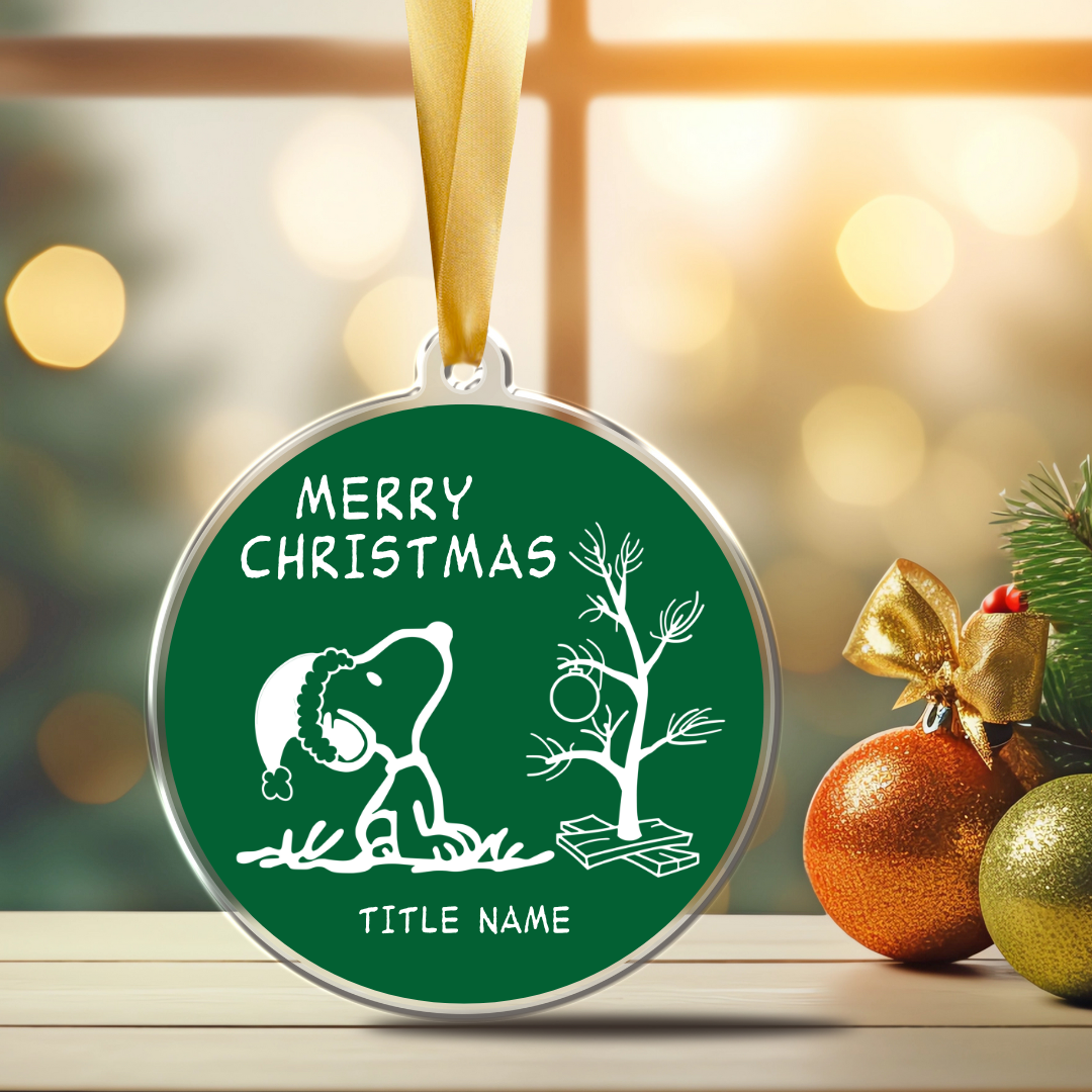 Personalized 3-inch acrylic Christmas ornament featuring Snoopy hugging his tree, with the custom name on it.