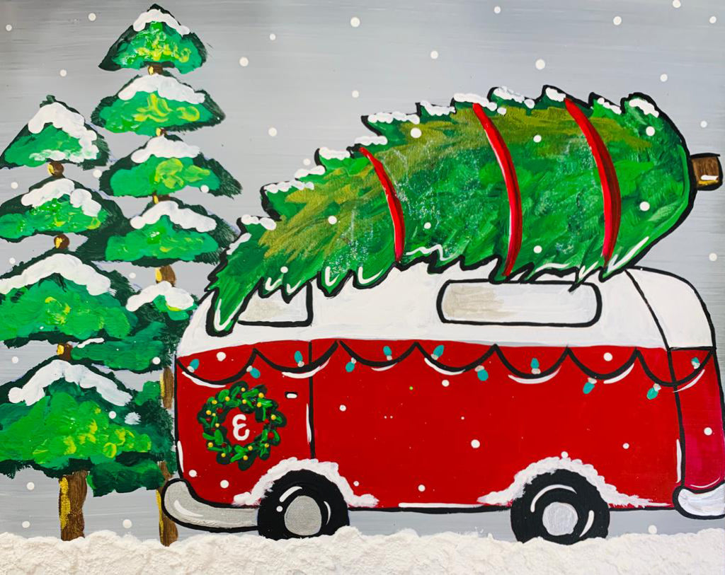 Vintage red VW microbus with Christmas tree on snowy road surrounded by pine trees – holiday paint party