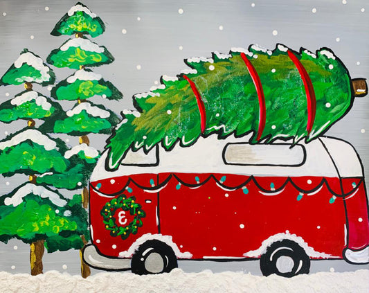 Vintage red VW microbus with Christmas tree on snowy road surrounded by pine trees – holiday paint party