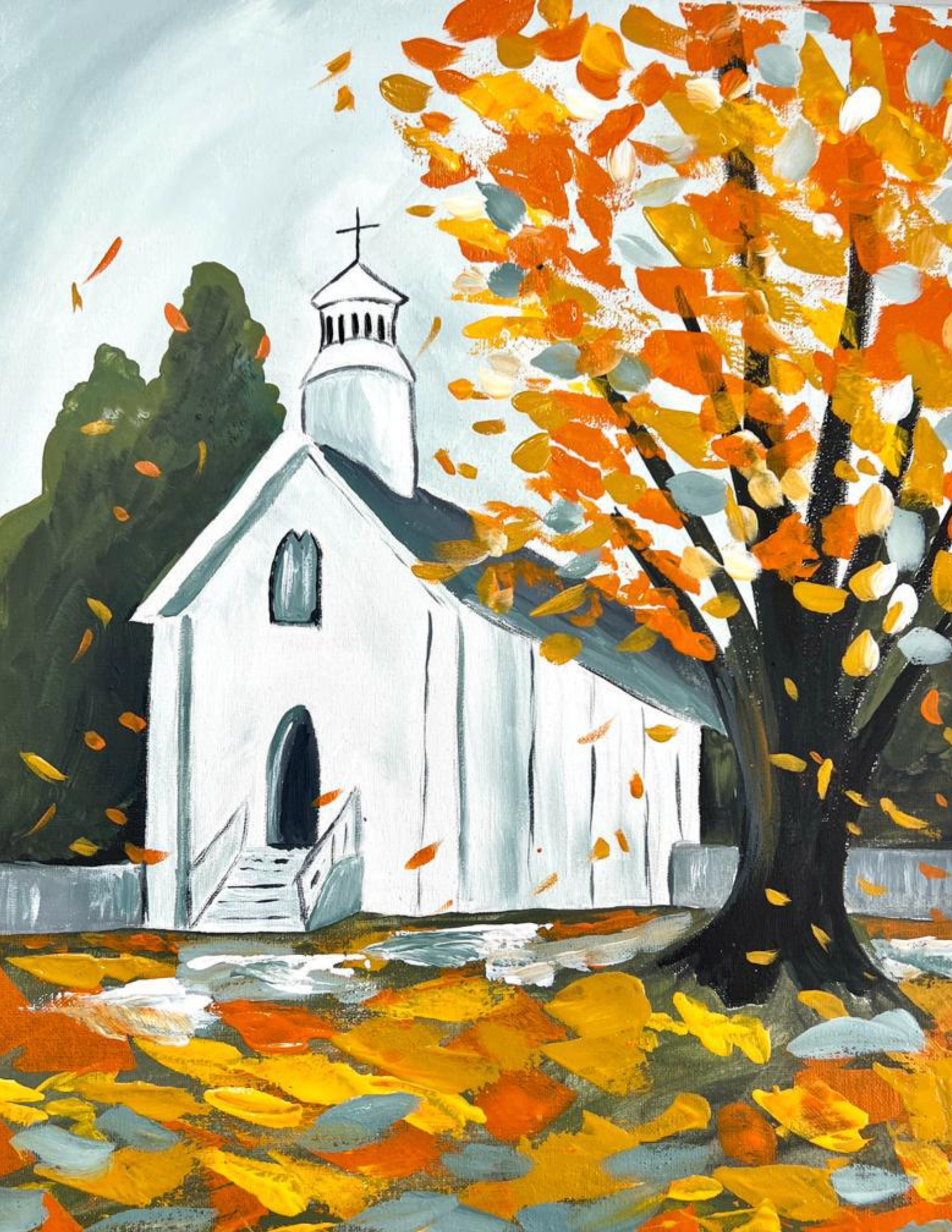 Church Fall DIY Paint Kit promo – $49 fall paint party kit featuring church over hymn sheet music by Simply Aloha On The Go