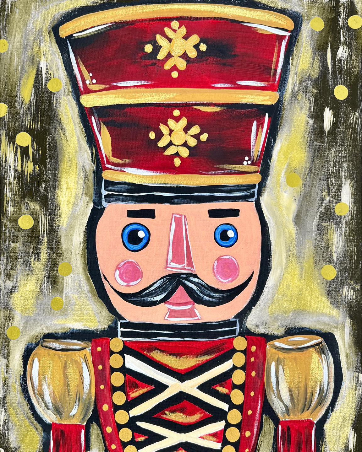 A close-up image of a classic hand-painted male nutcracker with a mustache and regal uniform, designed for holiday DIY art kits or group events.