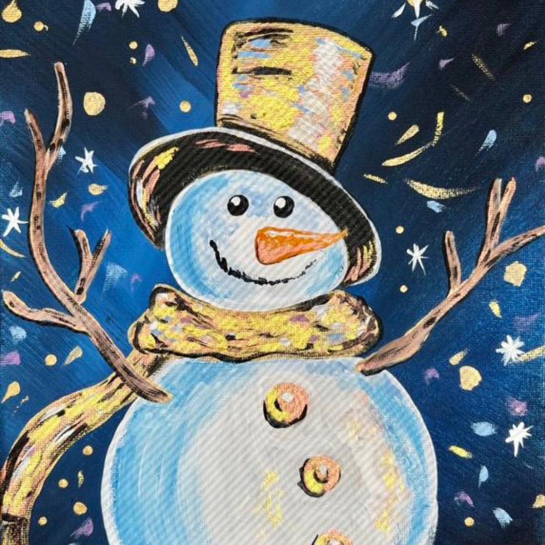 A classic smiling snowman in a top hat against a starry blue winter sky, available for private paint parties and DIY home kits.