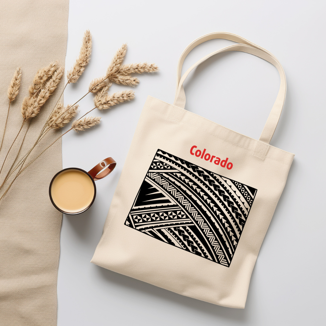 Organic canvas tote bag featuring Colorado state with Polynesian tribal design