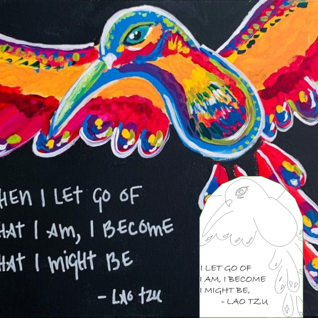 Colorful bird illustration with a quote by Lao Tzu on a black background perfect for a group paint party 