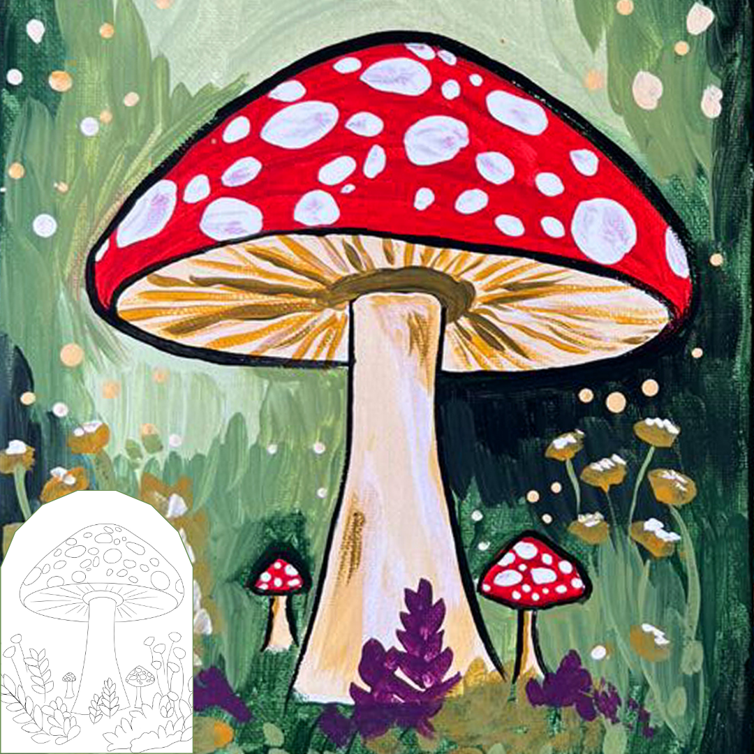 Colorful mushroom painting with a red cap and white spots in a forest perfect for a group paint partysetting.