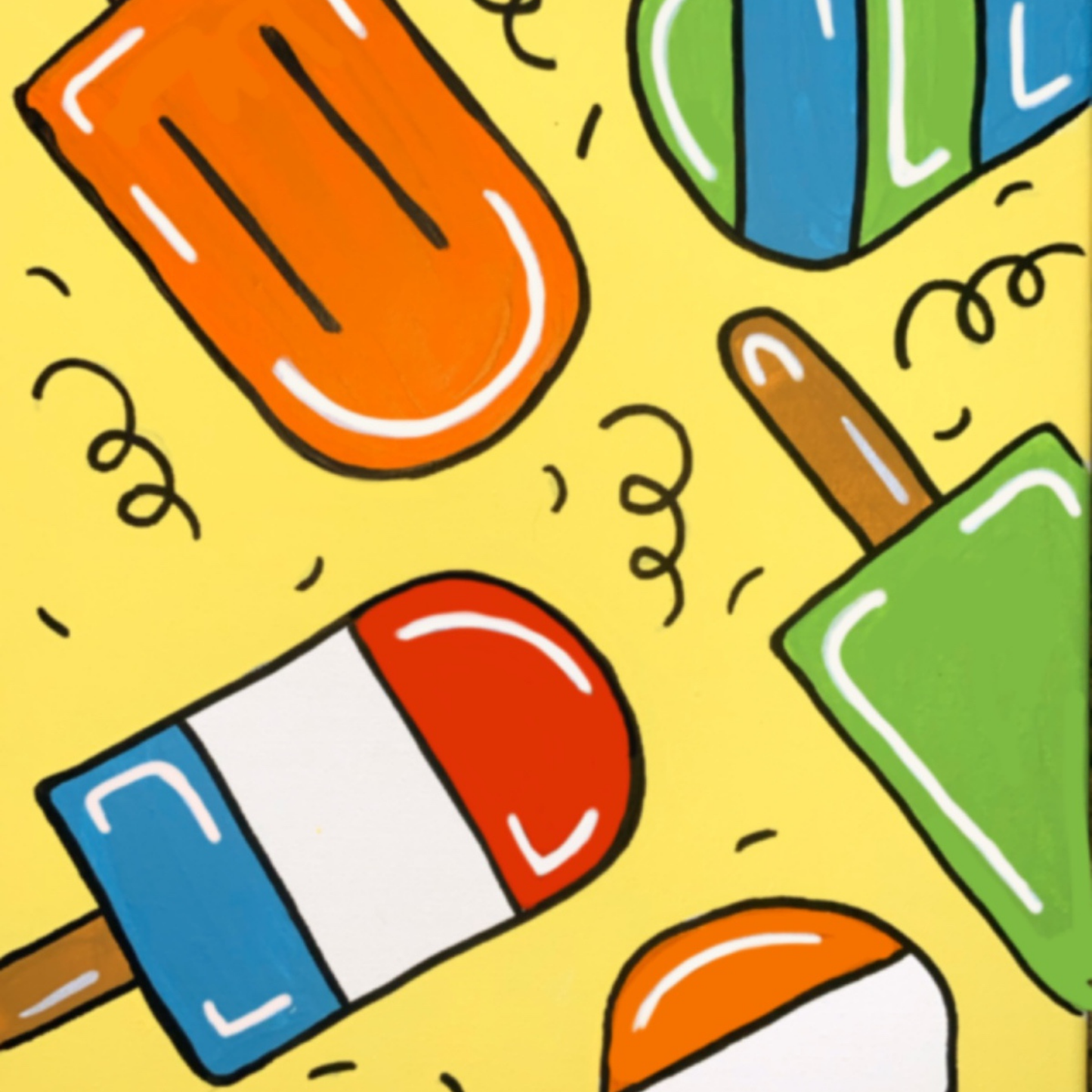 A fun summer painting of various colorful popsicles, including red, white, blue, and green, on a bright yellow background.