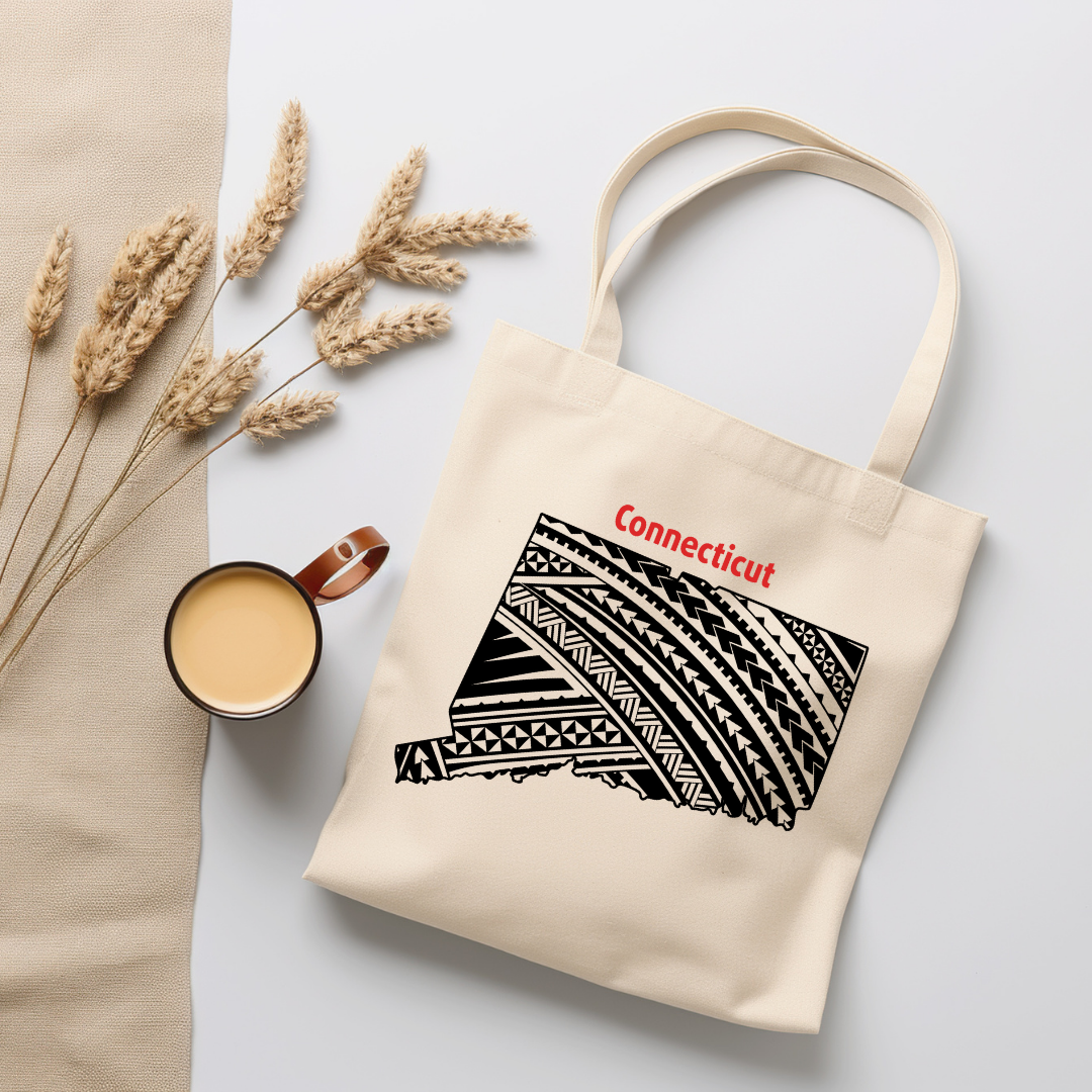 Organic canvas tote bag featuring Connecticut state with Polynesian tribal design