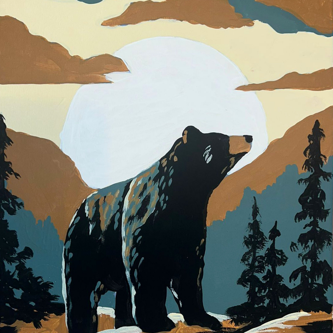 An overhead view of various summer-themed DIY canvas paintings including a bear standing in a forest with mountains and a full moon in the background