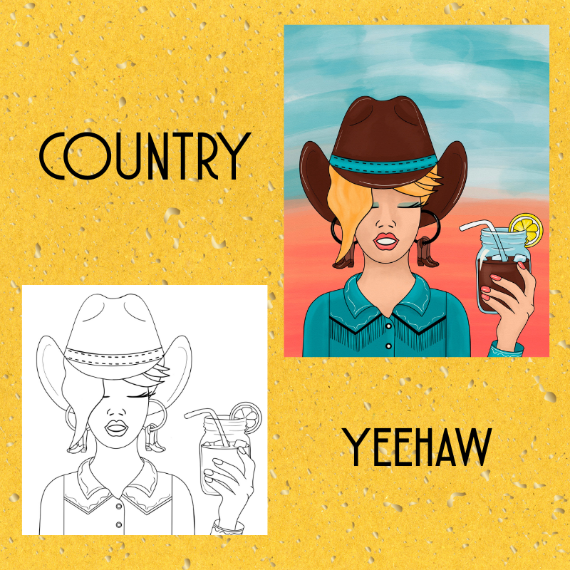 A Western "Country" themed painting featuring a woman in a cowboy hat holding a mason jar drink, perfect for themed Arizona events.