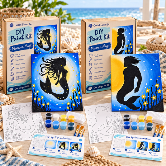 Couples DIY Paint Kits featuring Mermaid and Merman displayed separately with ocean-themed canvas design, all supplies included.
