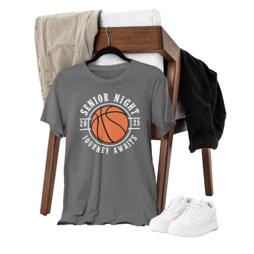 Custom basketball senior year night tee with personalized name and jersey number, perfect for celebrating senior year on the court.