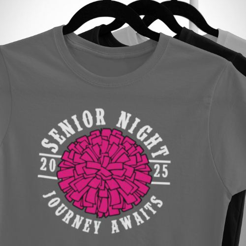 Custom cheer senior year night tee with personalized name and jersey number, perfect for celebrating senior year on the court.