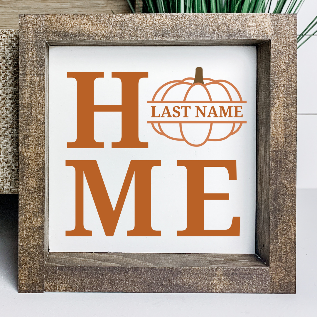 Personalized fall home sign with pumpkin replacing the O, white background, stained wood frame, handcrafted by Simply Aloha On The Go™