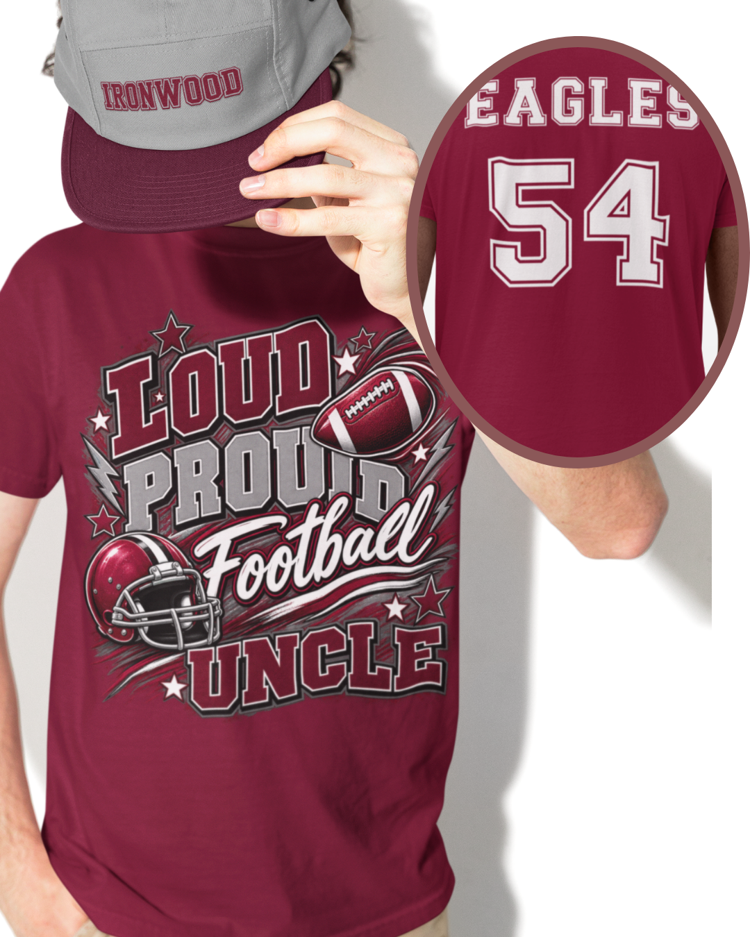Personalized football family game day shirt with Uncle design, football helmet graphic, and Eagles team name and number on the back