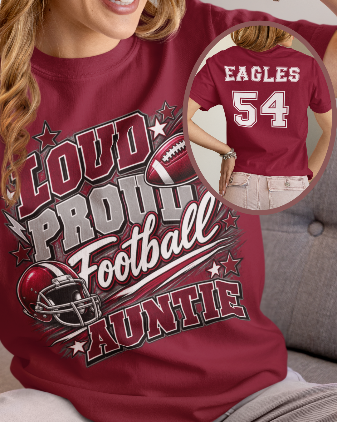 Personalized football family game day shirt with Auntie design, football helmet graphic, and Eagles team name and number on the back