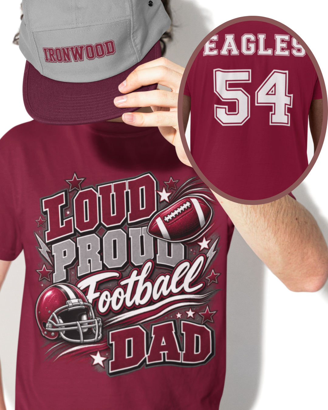 Personalized football family game day shirt with Dad design, football helmet graphic, and Eagles team name and number on the back