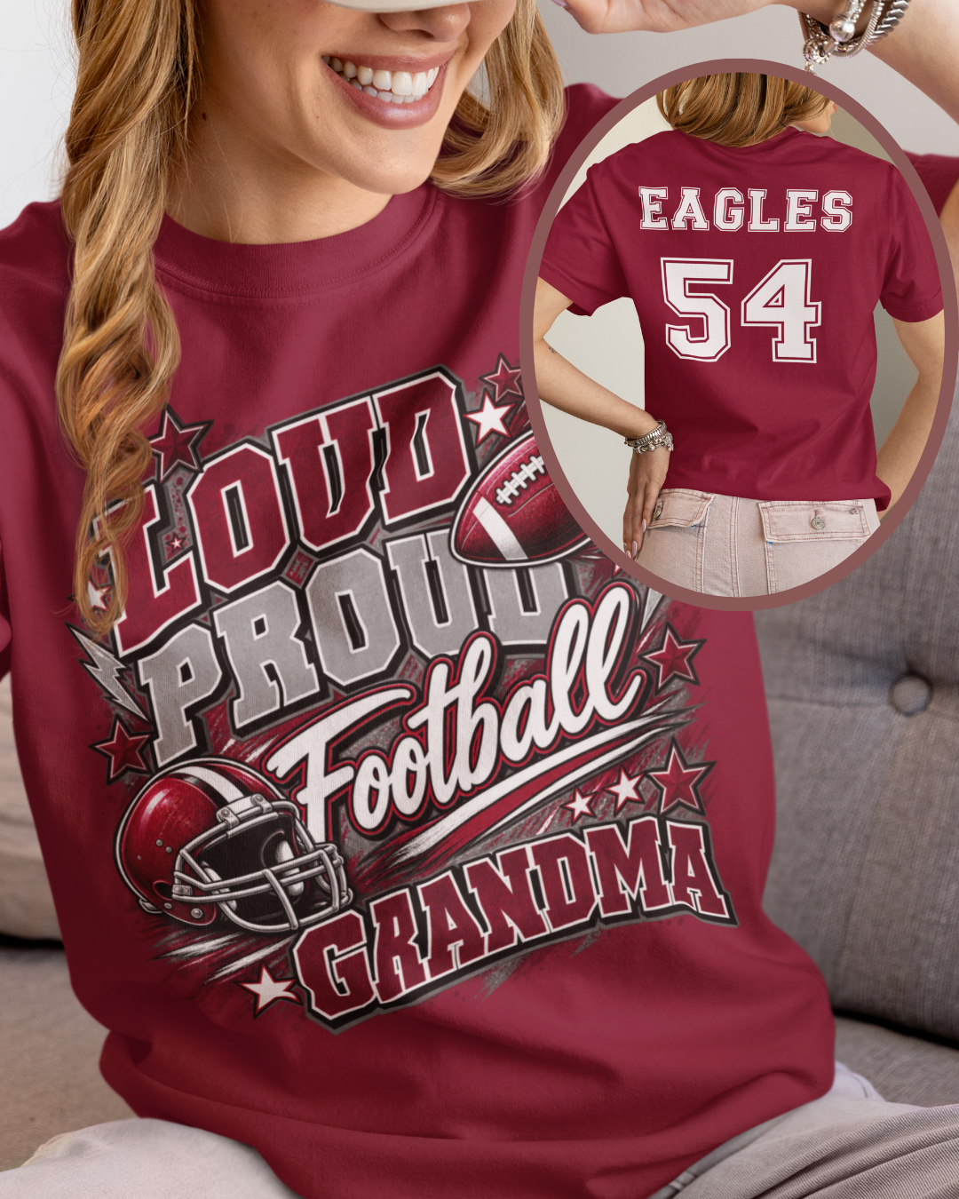 Personalized football family game day shirt with Grandma design, football helmet graphic, and Eagles team name and number on the back