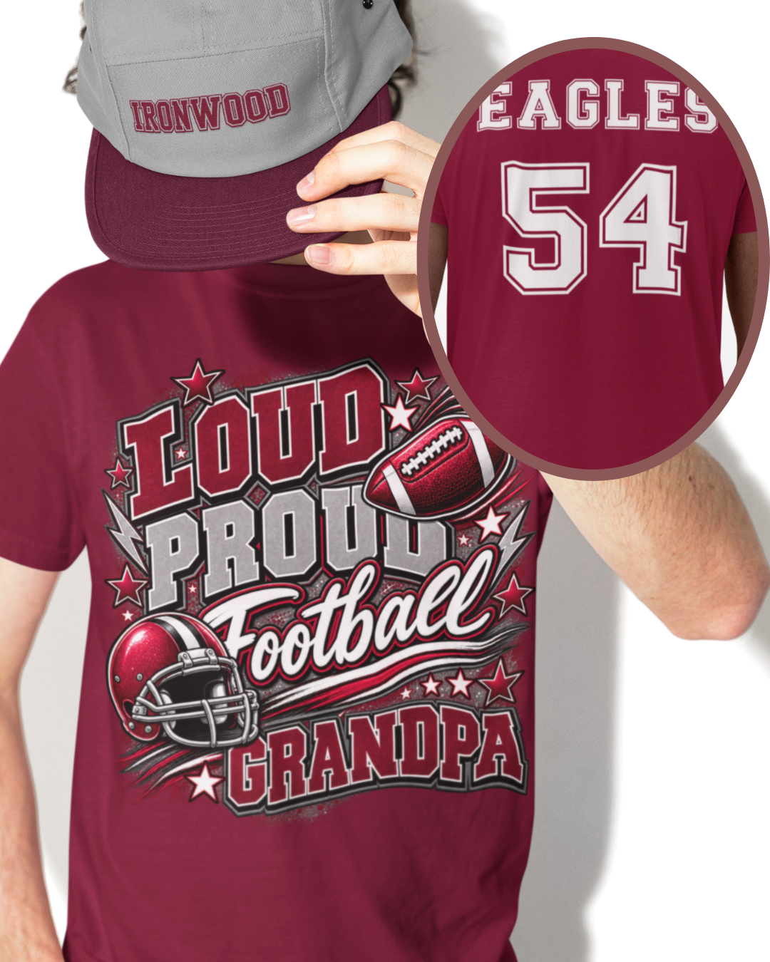 Personalized football family game day shirt with Grandpa design, football helmet graphic, and Eagles team name and number on the back