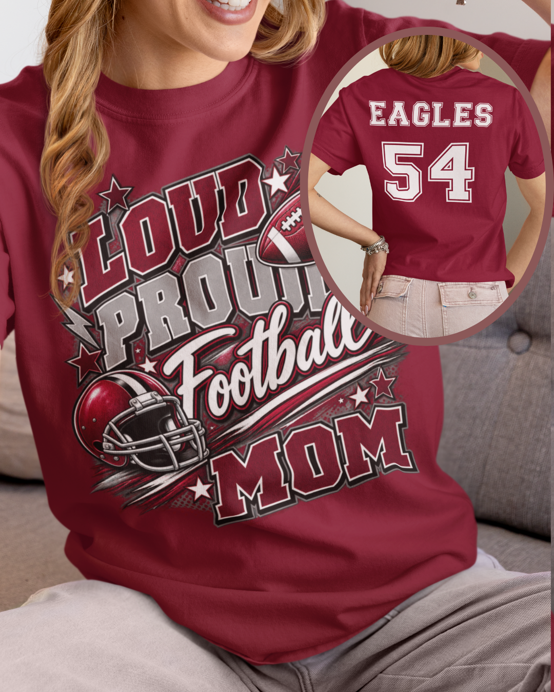 Personalized football family game day shirt with MOM design, football helmet graphic, and Eagles team name and number on the back
