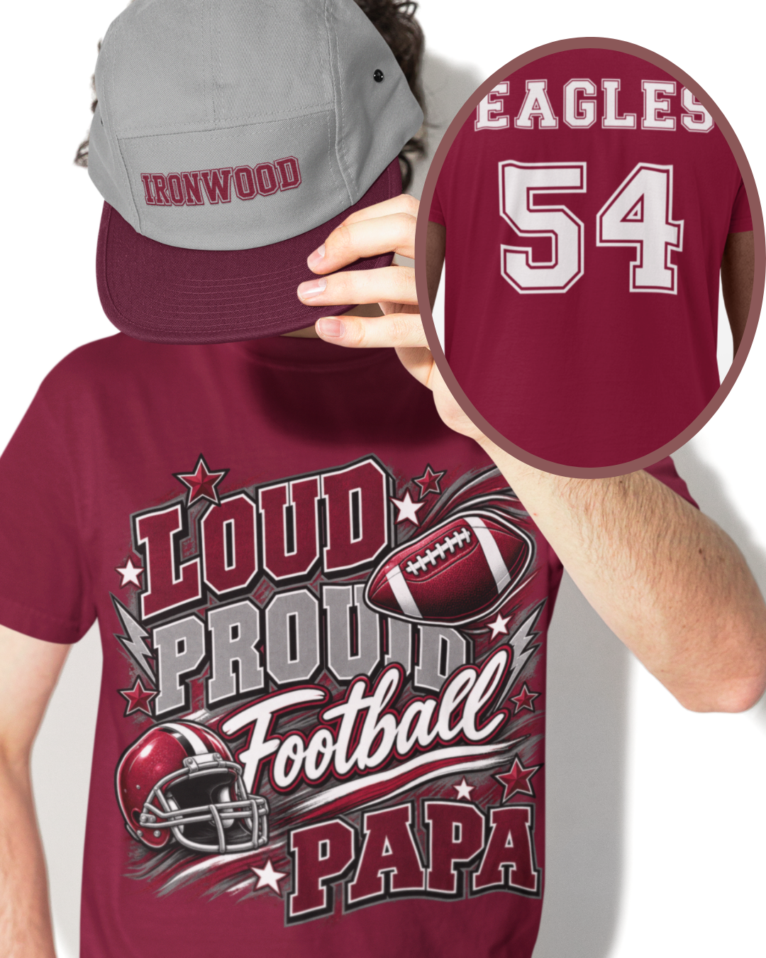 Personalized football family game day shirt with Papa design, football helmet graphic, and Eagles team name and number on the back