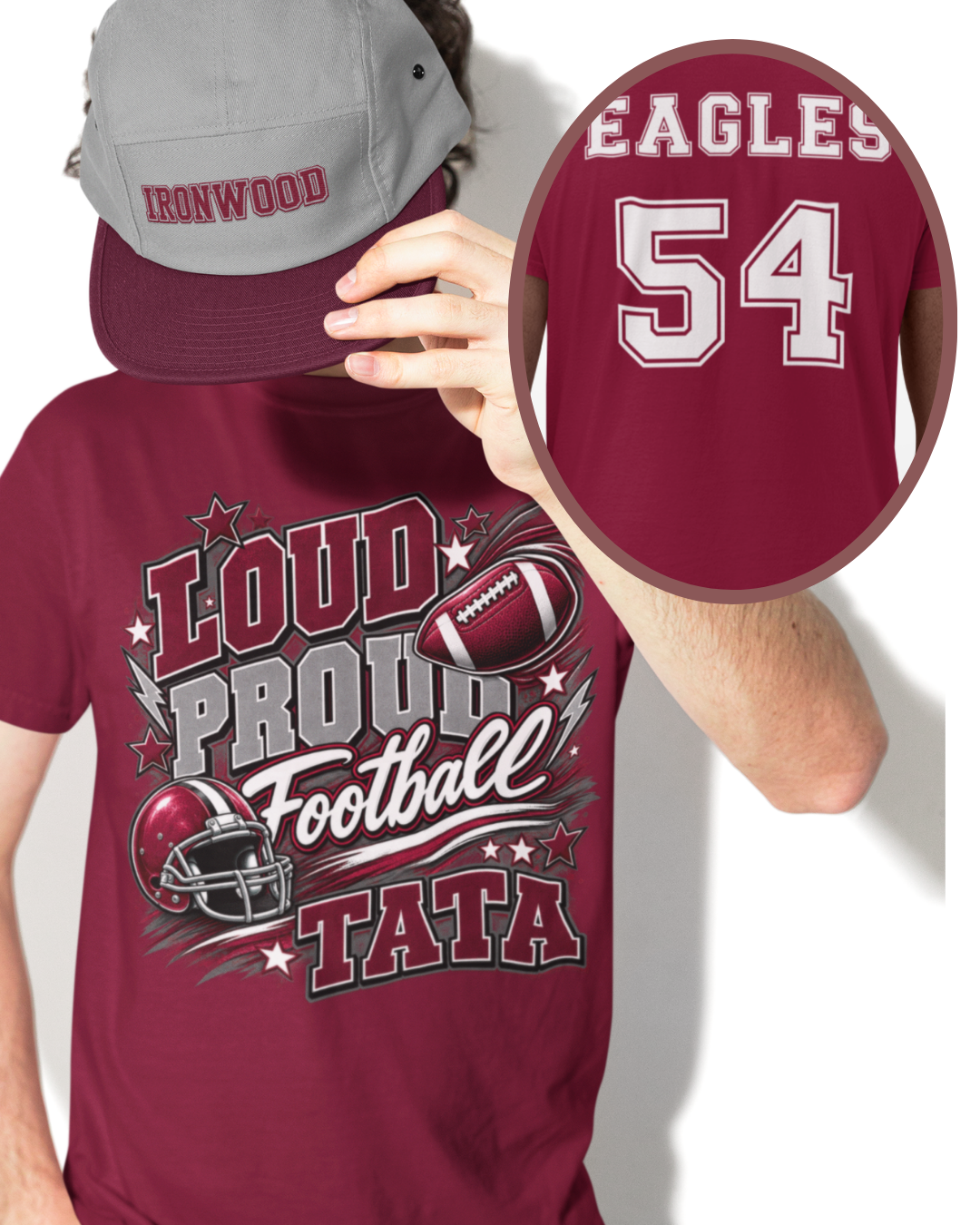 Personalized football family game day shirt with Tata design, football helmet graphic, and Eagles team name and number on the back