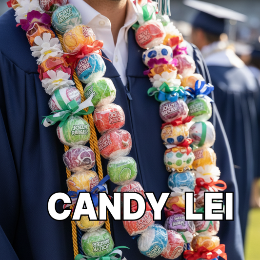 colorful jolly rancher candy lei necklace on a graduate for the Class of 2026 graduation gift