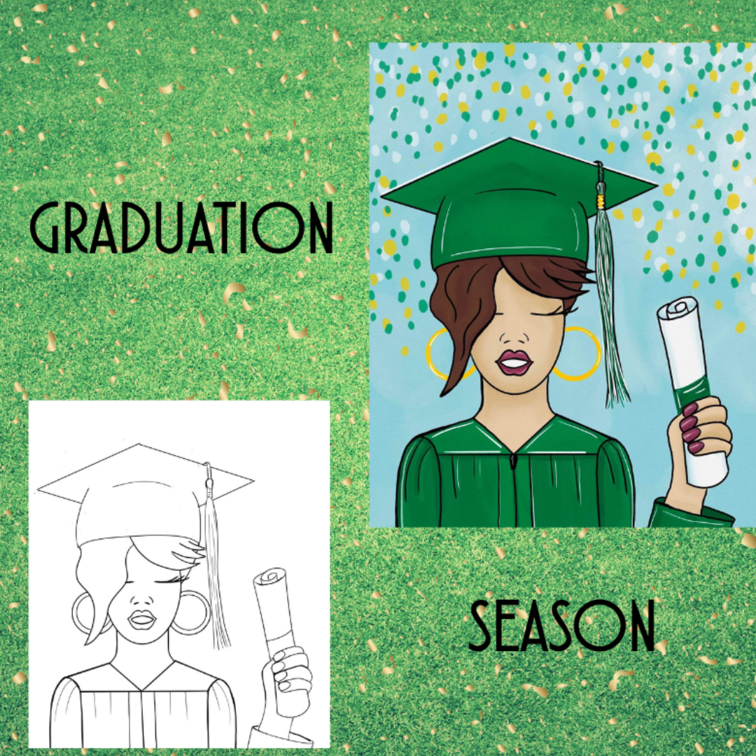 Pre-sketched graduation paint party canvas featuring a graduate in a green cap and gown with Class of 2026