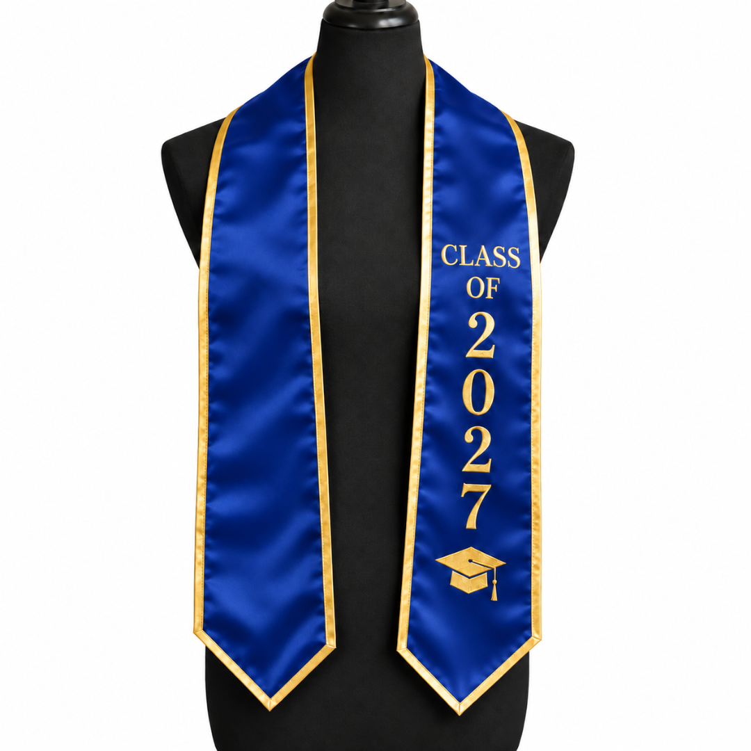 Custom Graduation Stoles & Sashes in royal blue and gold for the Class of 2027 featuring [actual design colors, wording, and personalization details].