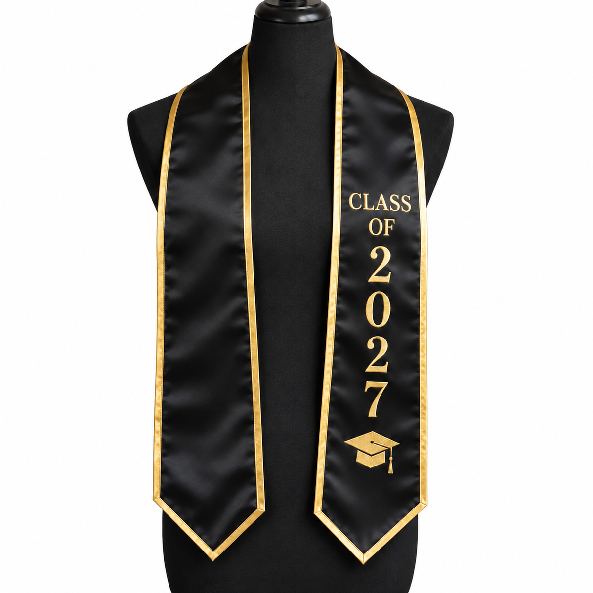 Custom Graduation Stoles and Sashes in black and gold for the Class of 2027 featuring [actual design colors, wording, and personalization details].
