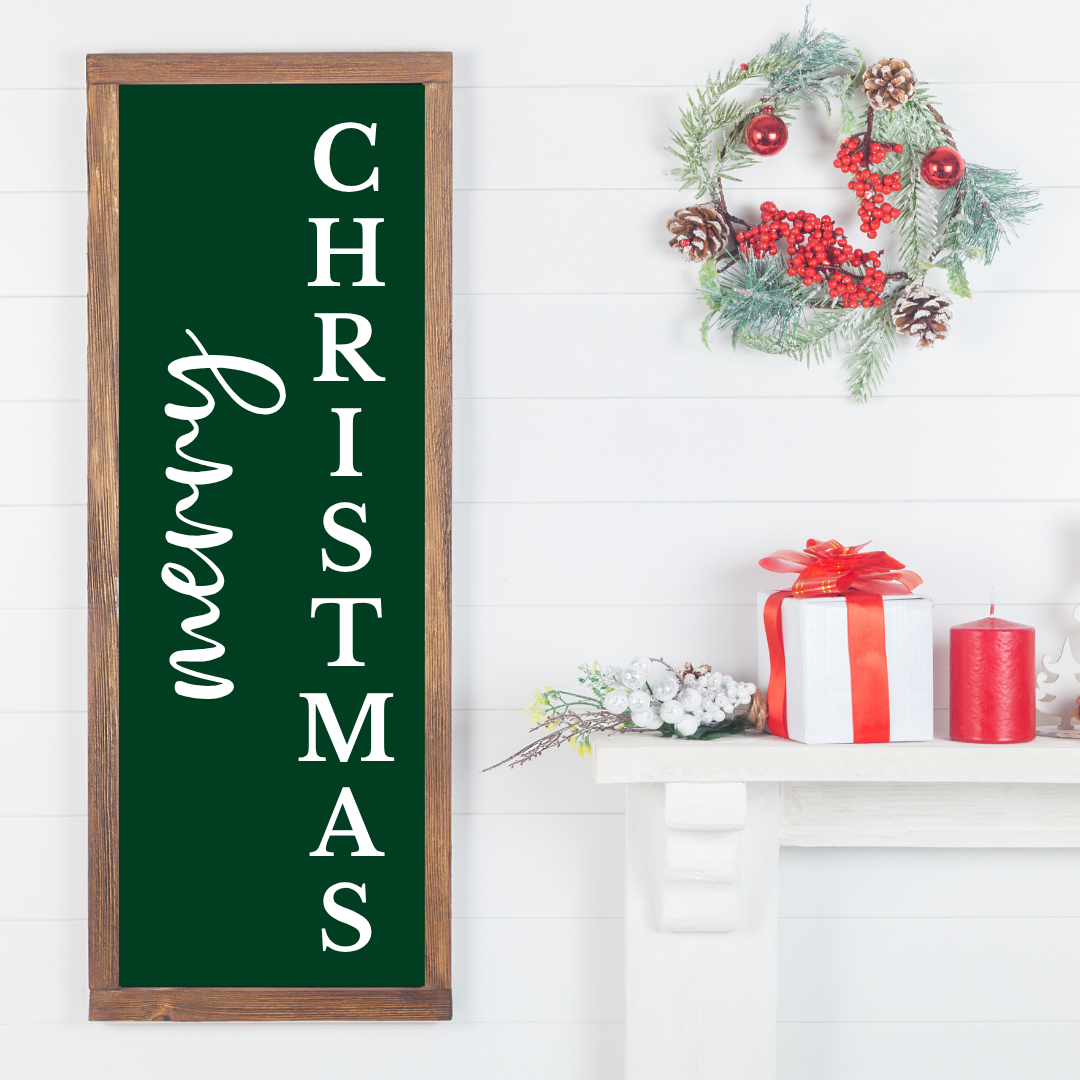 Handcrafted 4ft or 5 ft Christmas Porch Sign with multilingual greetings. Available in different background and font colors.