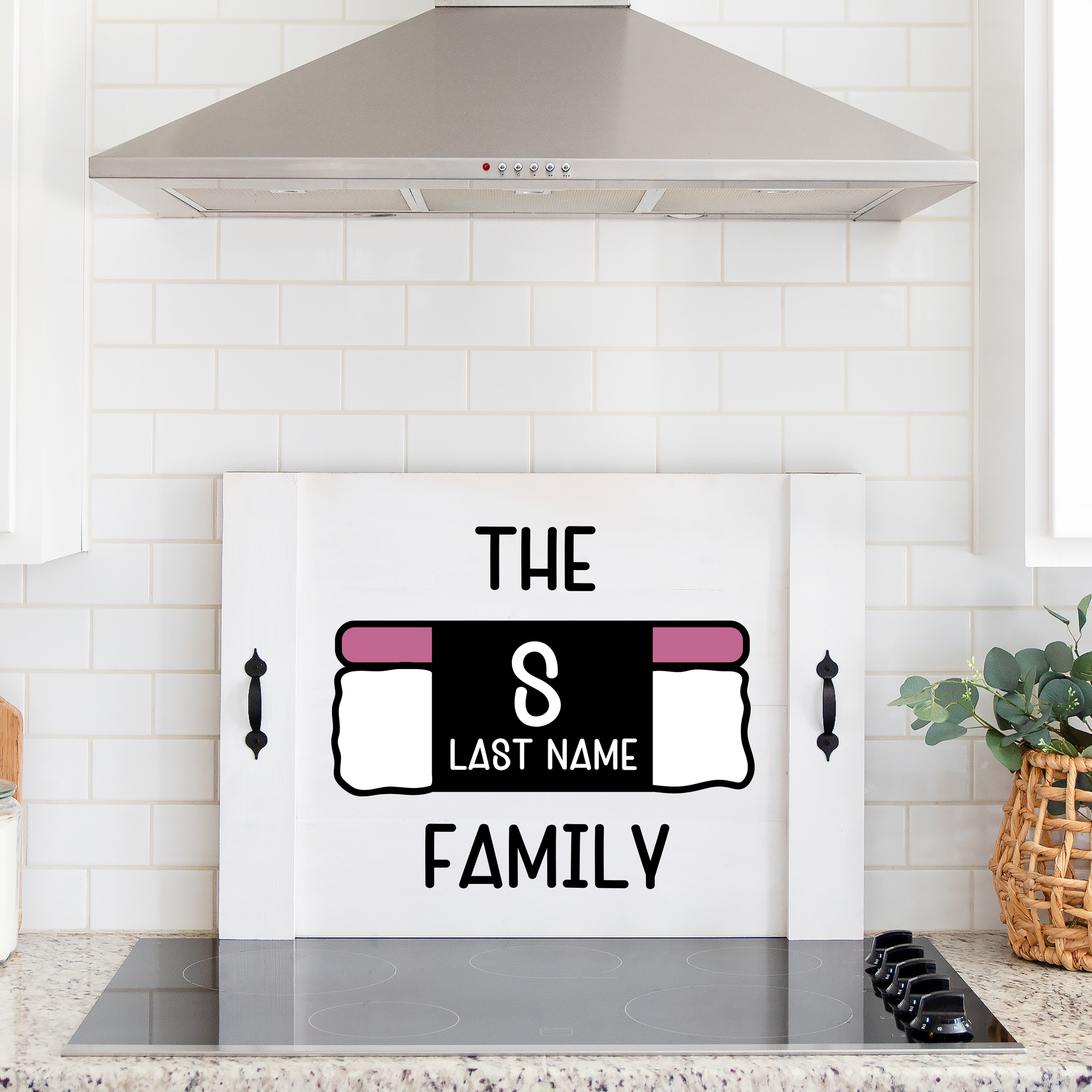Personalized Hawaiian musubi monogram wooden noodle board used as a custom stove top cover.