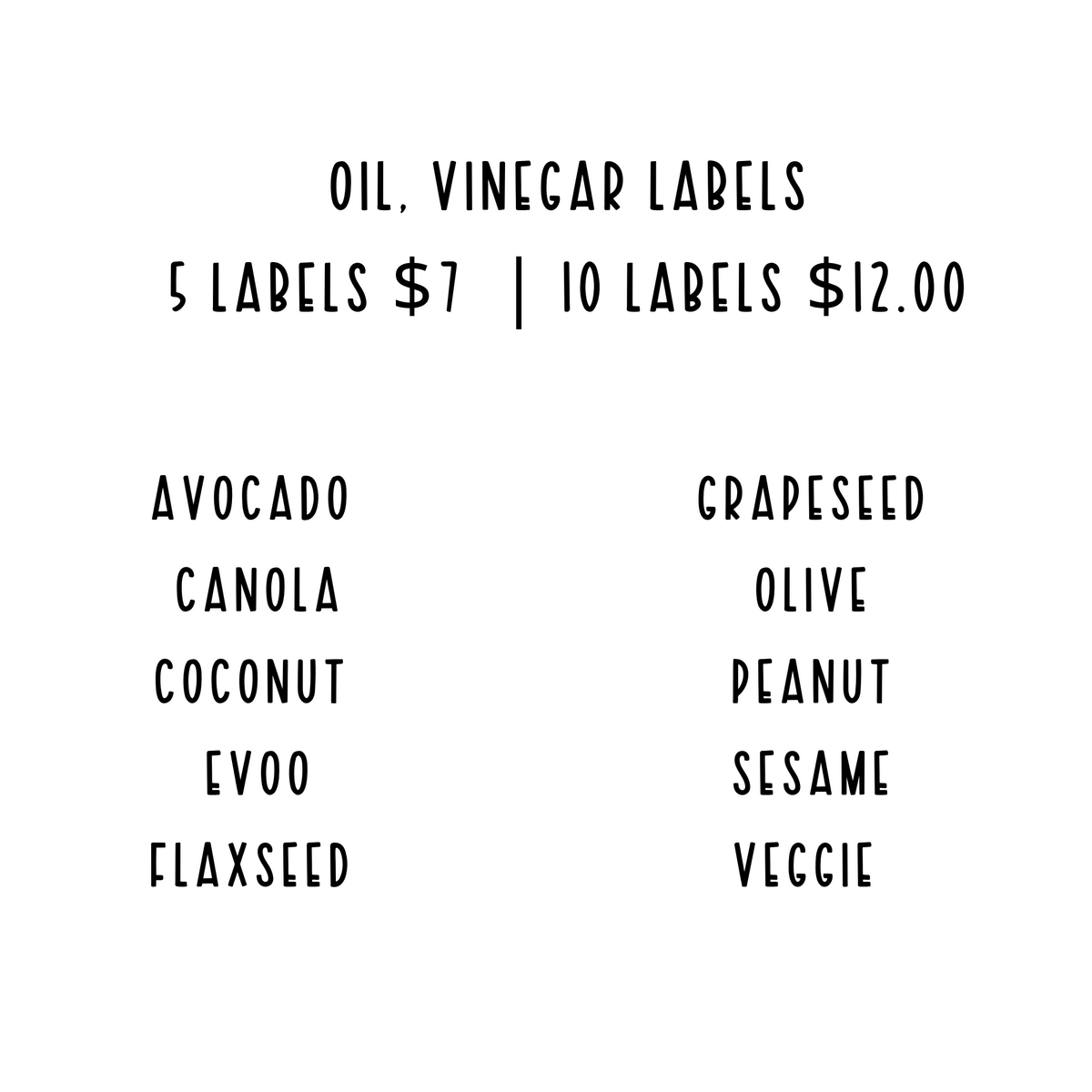 Cuatom pantry labels List of oil and vinegar label decals for avocado oil, olive oil, balsamic vinegar, peanut oil, sesame oil, coconut oil, flaxseed oil, and more.