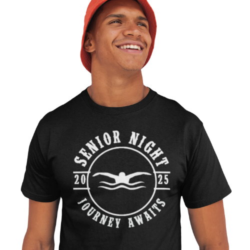 Custom swim team senior year night tee with personalized name and jersey number, perfect for celebrating senior year at the gym or your school pool.