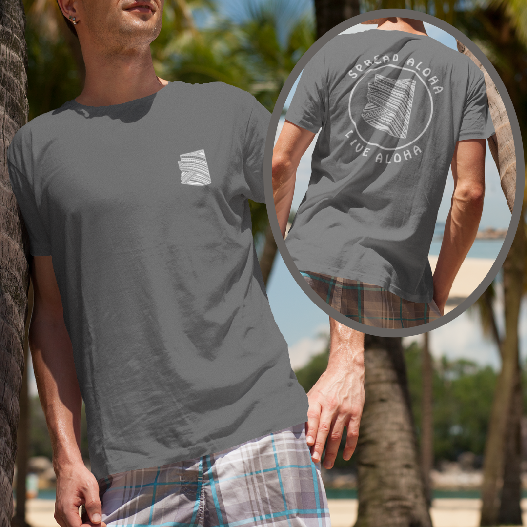 Front and back view of a grey custom t-shirt featuring a front left chest tribal state map and a large back graphic reading Spread Aloha Live Aloha.