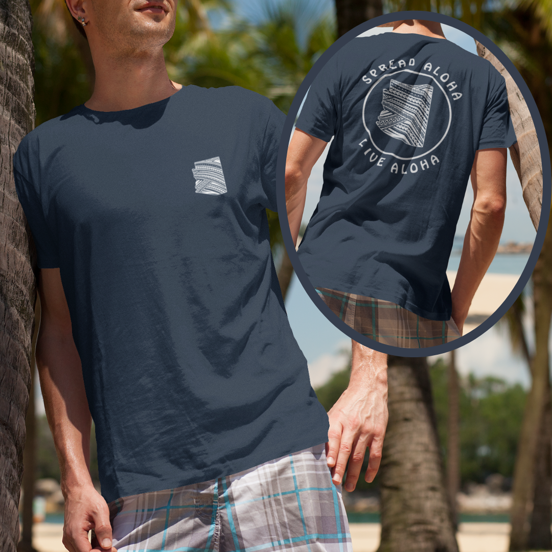 Front and back view of a navy custom t-shirt featuring a front left chest tribal state map and a large back graphic reading Spread Aloha Live Aloha.