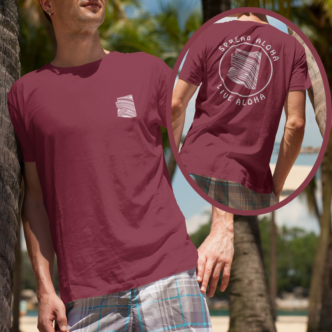 Front and back view of a red custom t-shirt featuring a front left chest tribal state map and a large back graphic reading Spread Aloha Live Aloha.
