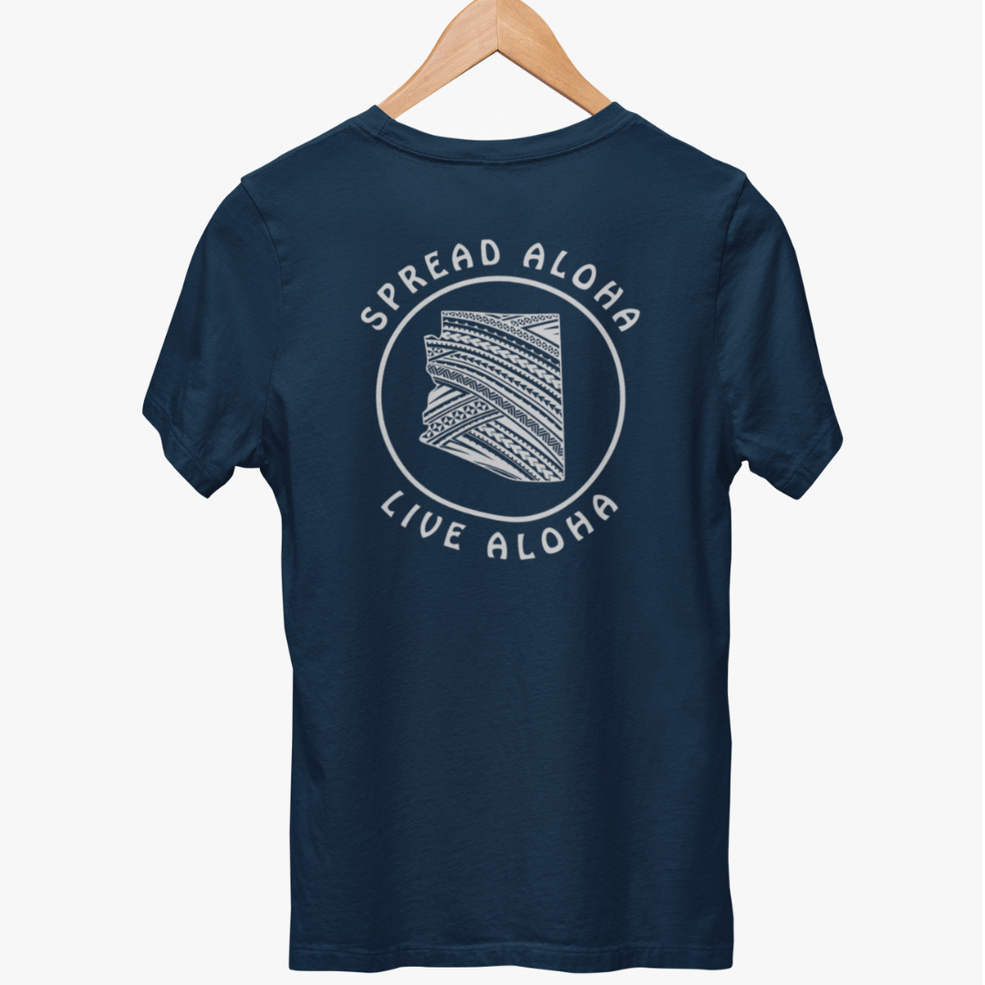 Closeup view of the the back of a custom t-shirt with a large, encircled tribal map of your home state with the slogan "Spread Aloha Live Aloha. Available in different colors and sizes.