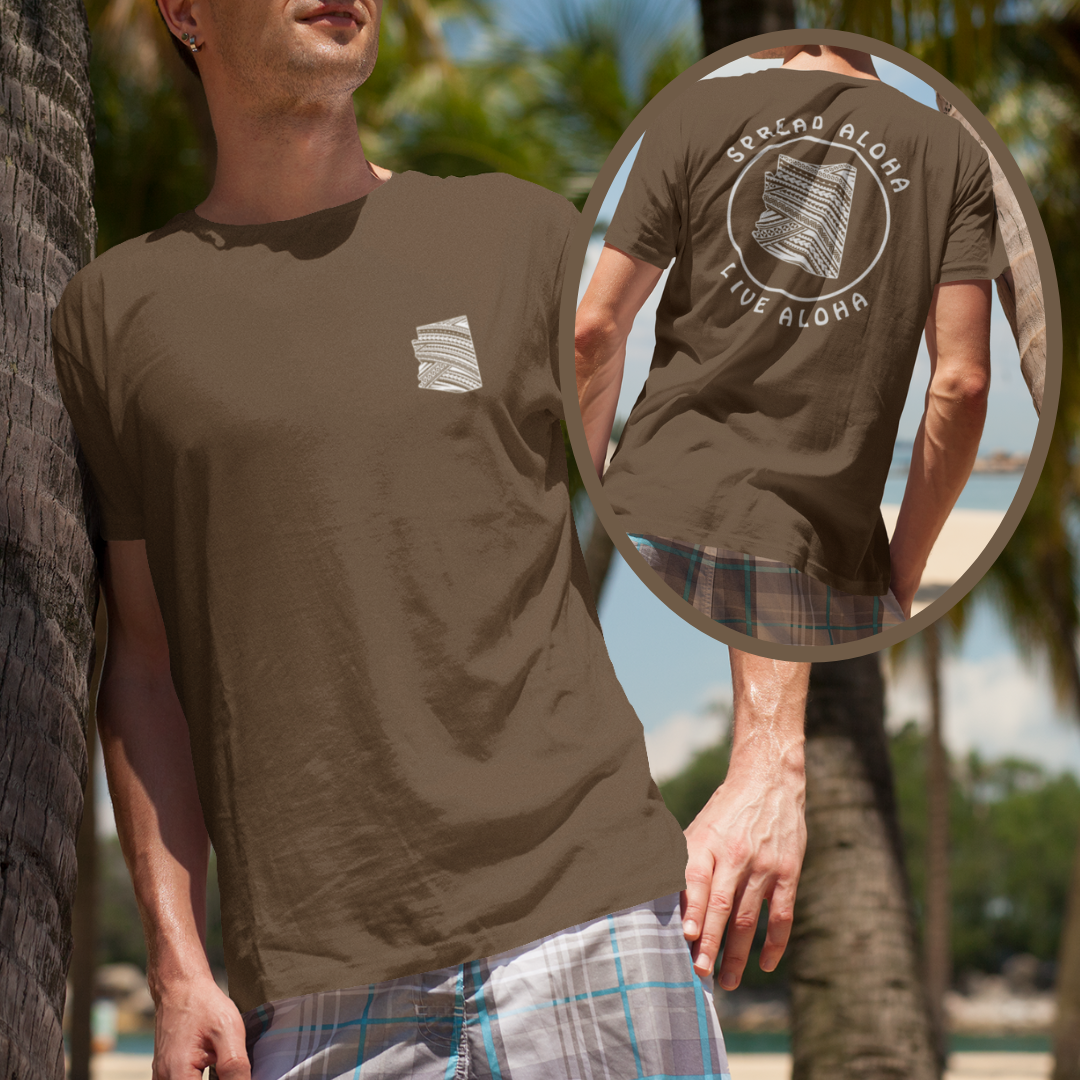 The front of a custom t-shirt with a small tribal design of yourr state on the left chest. The back of a t-shirt with a large, encircled tribal map of your home state with the slogan "Spread Aloha Live Aloha. Available in different colors and sizes.