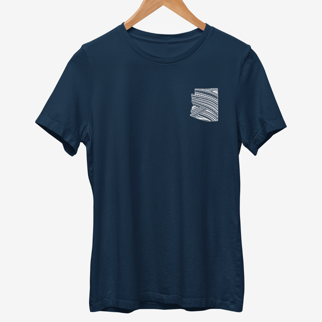 Closeup view of the front of a custom t-shirt with a small tribal design of yourr state on the left chest.  Available in different colors and sizes.