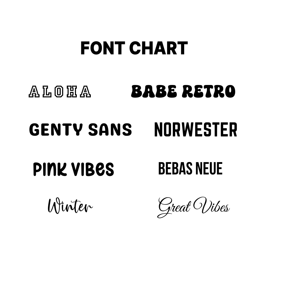 Custom name vinyl decal font chart with various font styles